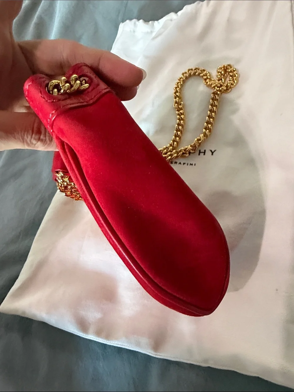 Philosophy di Lorenzo Serafini Red Suede Mini Bucket Bag w Gold Chain / Wristlet